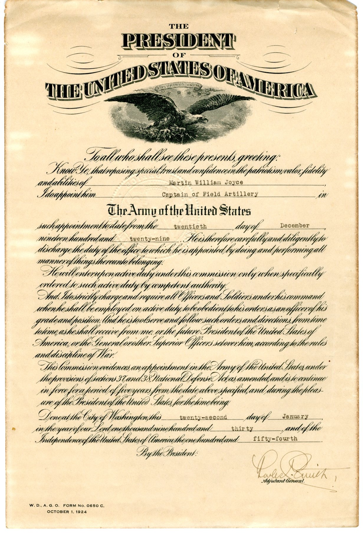 Documents 23-23 - Lt. Col. Martin W. Joyce Papers With Officer Promotion Certificate Template